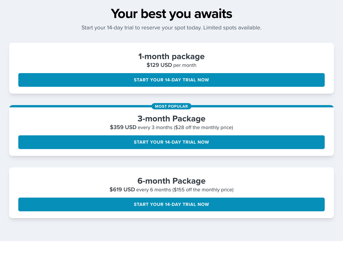 Precision Nutrition: package pricing, part-way down the coaching page, as it looked on 28 August 2026