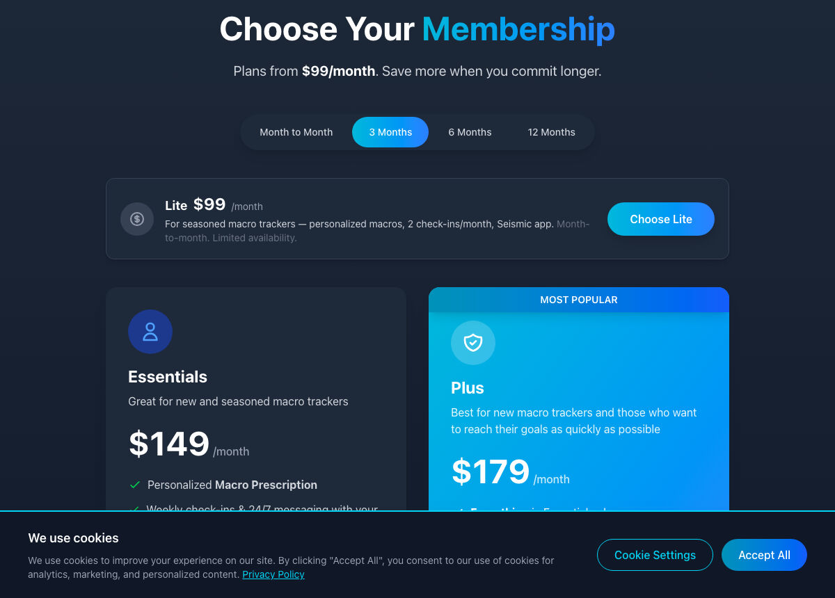 Working Against Gravity: membership pricing, part-way down the nutrition coaching page, as it looked on 28 August 2026